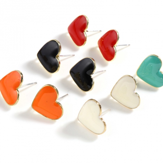 Picture of Zinc Based Alloy Valentine's Day Ear Post Stud Earrings Findings Heart Gold Plated Multicolor W/ Open Loop 13mm x 11mm, Post/ Wire Size: (21 gauge), 4 PCs