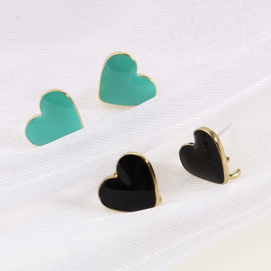 Picture of Zinc Based Alloy Valentine's Day Ear Post Stud Earrings Findings Heart Gold Plated Multicolor W/ Open Loop 13mm x 11mm, Post/ Wire Size: (21 gauge), 4 PCs