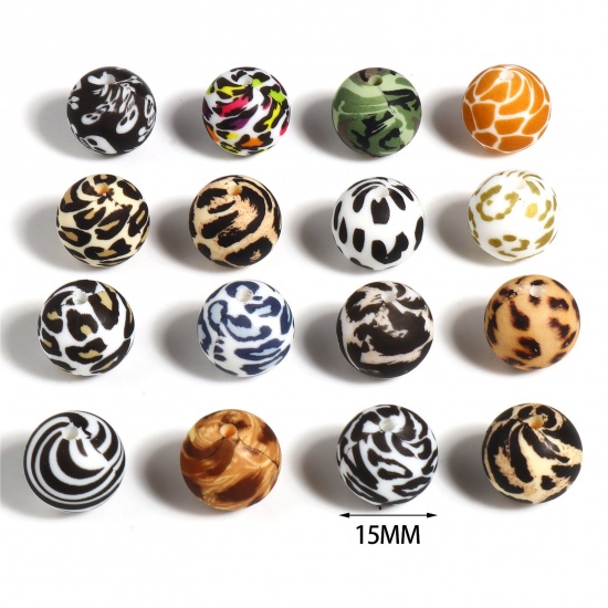Picture of Silicone Spacer Beads Round Multicolor Leopard Print Pattern About 15mm Dia, Hole: Approx 2.5mm, 5 PCs
