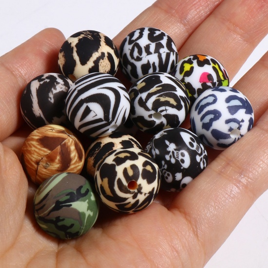 Picture of Silicone Spacer Beads Round Multicolor Leopard Print Pattern About 15mm Dia, Hole: Approx 2.5mm, 5 PCs