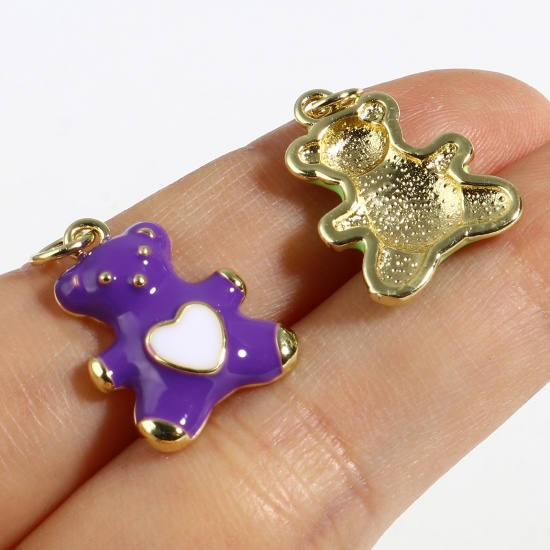 Picture of Brass Charms Gold Plated Multicolor Bear Animal Heart W/ Jump Ring 22mm x 13.5mm, 1 Piece                                                                                                                                                                     