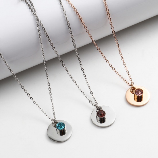 Picture of Stainless Steel Birthstone Necklace Gold Plated Round April Blank Stamping Tags Clear Cubic Zirconia 45cm(17 6/8") long, 1 Piece