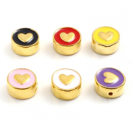 Lega di Zinco San Valentino Perline Tondo Piatto Oro Placcato Multicolore Cuore Scolpisce Smalto Circa 10mm Dia, Foro:Circa 1.3mm, 10 Pz