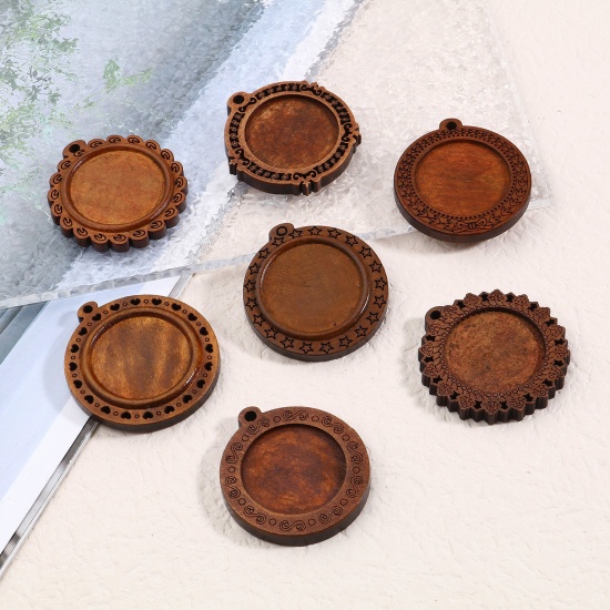 Immagine di Wood Cabochon Settings Pendants Round Coffee 10 PCs