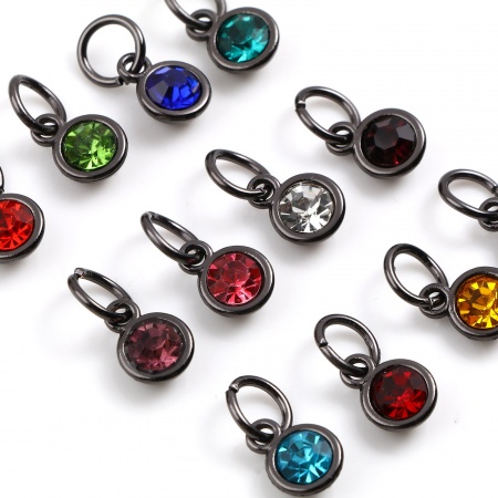 Zinc Based Alloy & Glass Birthstone Charms Round Gunmetal Multicolor 15mm x 7mm, 10 PCs