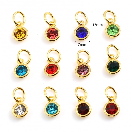 Immagine di Zinc Based Alloy & Glass Birthstone Charms Round Gold Plated Multicolor 15mm x 7mm, 10 PCs