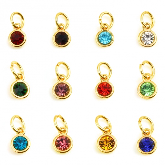 Immagine di Zinc Based Alloy & Glass Birthstone Charms Round Gold Plated Multicolor 15mm x 7mm, 10 PCs