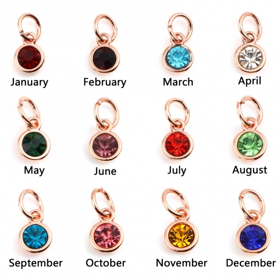 Picture of Zinc Based Alloy & Glass Birthstone Charms Round Rose Gold Multicolor 15mm x 7mm, 10 PCs