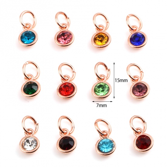 Picture of Zinc Based Alloy & Glass Birthstone Charms Round Rose Gold Multicolor 15mm x 7mm, 10 PCs