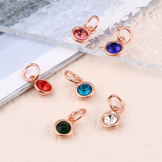 Picture of Zinc Based Alloy & Glass Birthstone Charms Round Rose Gold Multicolor 15mm x 7mm, 10 PCs