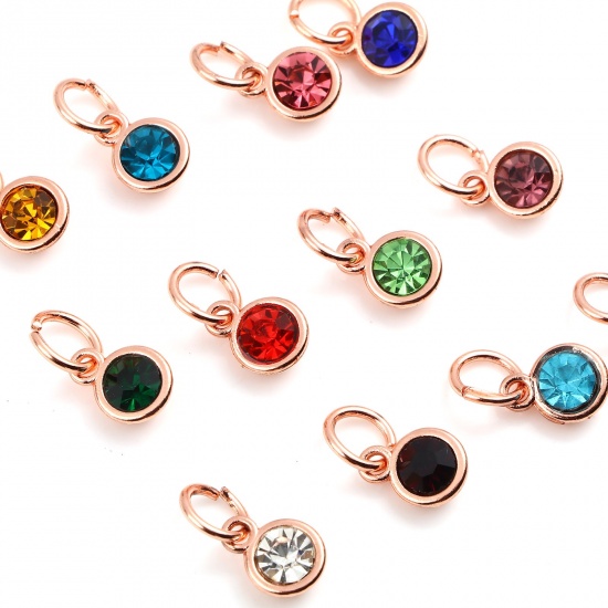 Picture of Zinc Based Alloy & Glass Birthstone Charms Round Rose Gold Multicolor 15mm x 7mm, 10 PCs