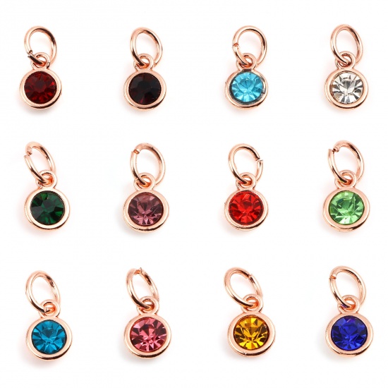 Picture of Zinc Based Alloy & Glass Birthstone Charms Round Rose Gold Multicolor 15mm x 7mm, 10 PCs