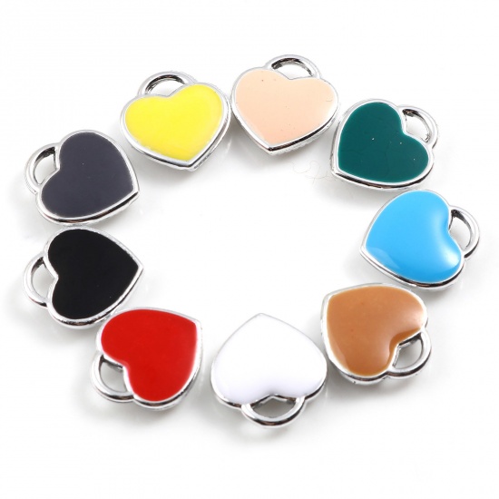 Picture of Zinc Based Alloy Valentine's Day Charms Heart Silver Tone Multicolor Enamel 12mm x 11mm, 10 PCs
