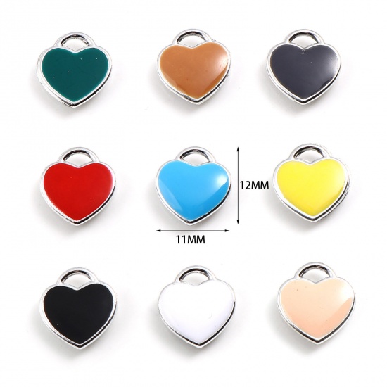 Picture of Zinc Based Alloy Valentine's Day Charms Heart Silver Tone Multicolor Enamel 12mm x 11mm, 10 PCs