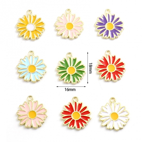 Picture of Zinc Based Alloy Charms Daisy Flower Gold Plated Multicolor Enamel 18mm x 16mm, 20 PCs