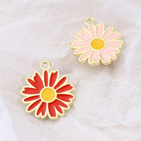 Picture of Zinc Based Alloy Charms Daisy Flower Gold Plated Multicolor Enamel 18mm x 16mm, 20 PCs