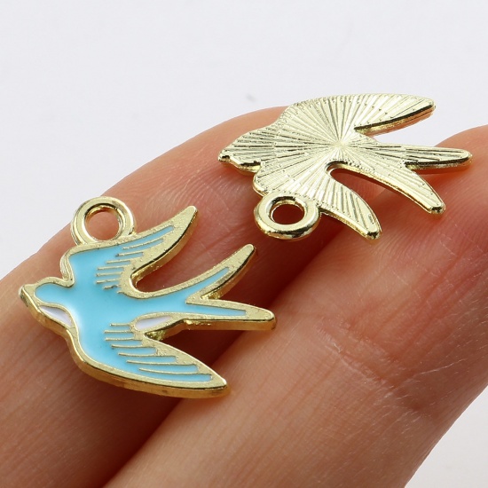 Picture of Zinc Based Alloy Charms Swallow Bird Gold Plated Multicolor Enamel 17mm x 15mm, 20 PCs