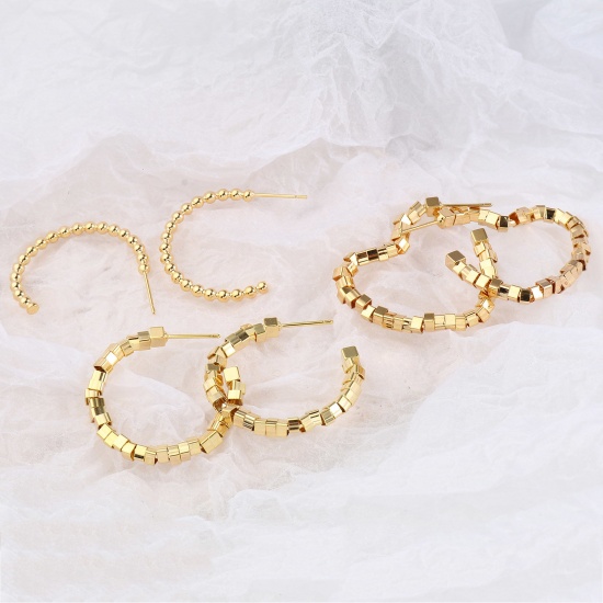 Picture of Brass Beaded Hoop Earrings 18K Real Gold Plated Post/ Wire Size: (20 gauge), 2 PCs                                                                                                                                                                            