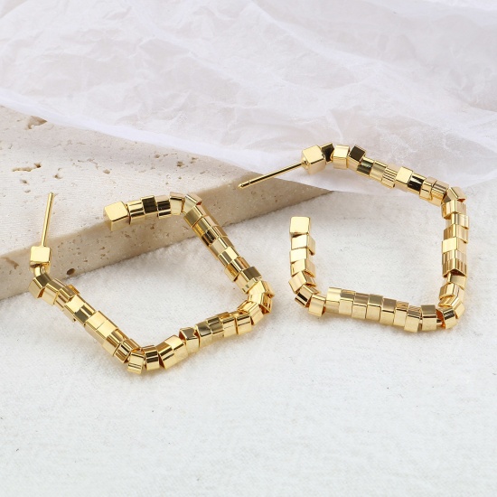 Picture of Brass Beaded Hoop Earrings 18K Real Gold Plated Post/ Wire Size: (20 gauge), 2 PCs                                                                                                                                                                            