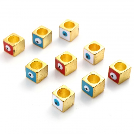 Lega di Zinco Religione Perline Oro Placcato Multicolore Quadrato Malocchio Smalto 7mm x 7mm, Foro:Circa 5.1mm, 10 Pz