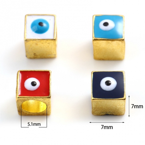 Picture of Zinc Based Alloy Religious Large Hole Charm Beads Gold Plated Multicolor Square Evil Eye Enamel 7mm x 7mm, Hole: Approx 5.1mm, 10 PCs