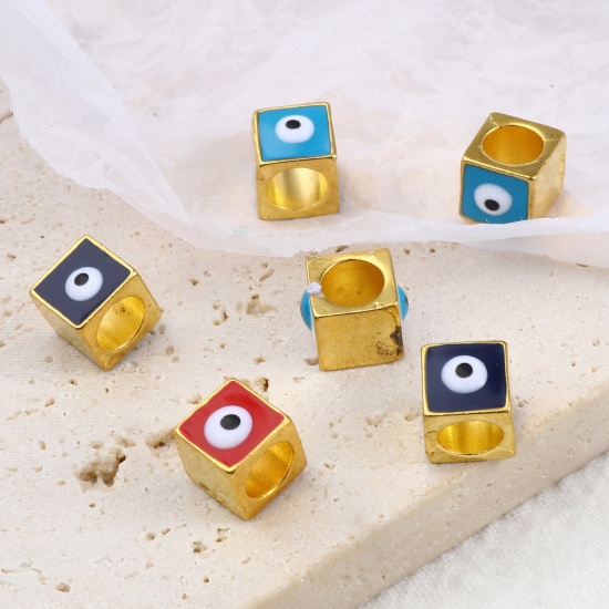 Picture of Zinc Based Alloy Religious Large Hole Charm Beads Gold Plated Multicolor Square Evil Eye Enamel 7mm x 7mm, Hole: Approx 5.1mm, 10 PCs