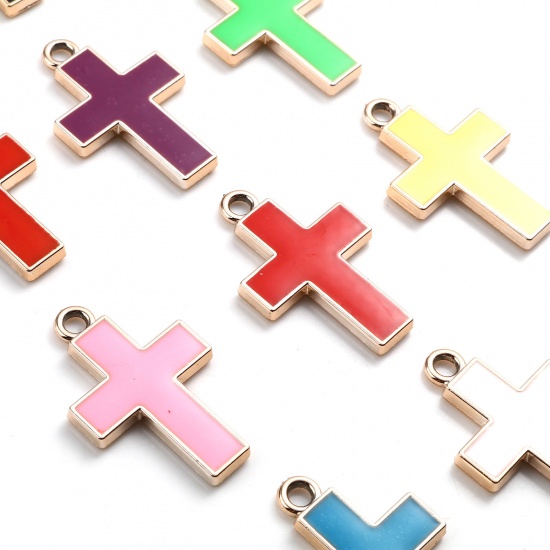 Picture of CCB Plastic Religious Pendants Cross Rose Gold Multicolor Enamel 32mm x 20mm, 10 PCs