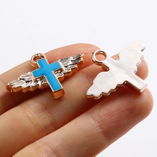 Picture of CCB Plastic Religious Charms Cross Rose Gold Multicolor Enamel Wing 29mm x 22mm, 10 PCs