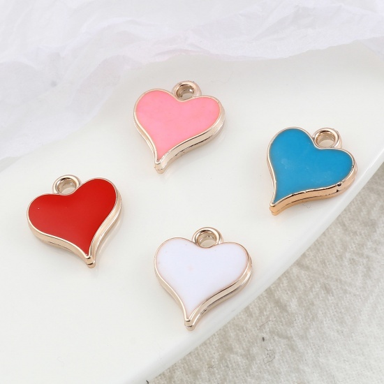 Picture of CCB Plastic Valentine's Day Charms Heart Rose Gold Multicolor Enamel 14mm x 12mm, 20 PCs