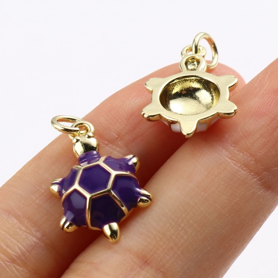 Picture of Brass Ocean Jewelry Charms Gold Plated Multicolor Sea Turtle Animal Enamel 22mm x 12mm, 2 PCs                                                                                                                                                                 