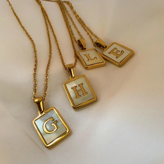 Picture of Stainless Steel & Shell Necklace 18K Real Gold Plated White Rectangle Initial Alphabet/ Capital Letter 45cm(17 6/8") long, 1 Piece