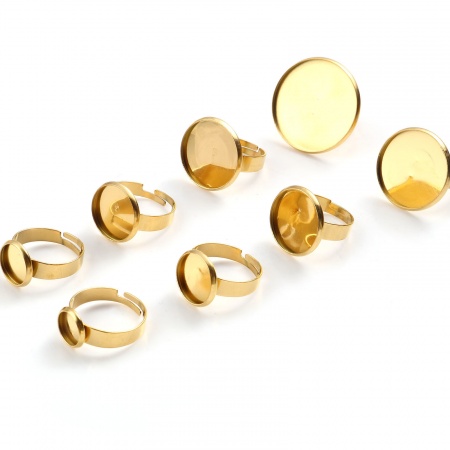Stainless Steel Open Adjustable Rings Gold Plated Round Cabochon Settings 17.3mm(US Size 7), 1 Piece