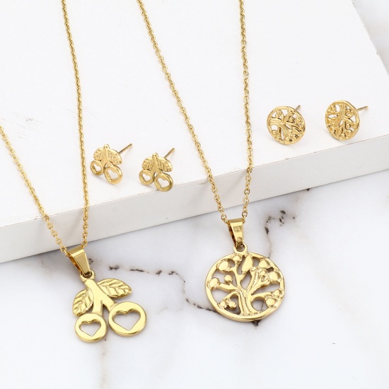 Picture of 201 Stainless Steel Jewelry Necklace Stud Earring Set Gold Plated Post/ Wire Size: (21 gauge), 1 Set ( 2 PCs/Set)