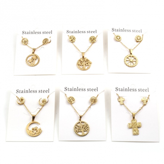 Picture of 201 Stainless Steel Jewelry Necklace Stud Earring Set Gold Plated Post/ Wire Size: (21 gauge), 1 Set ( 2 PCs/Set)