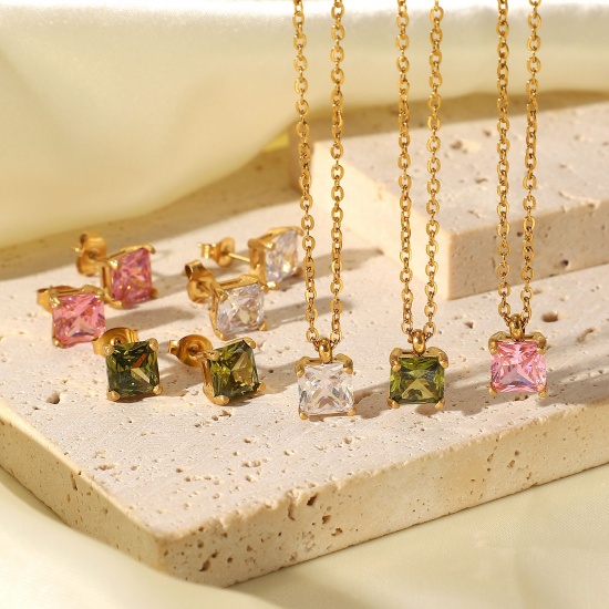 Picture of Eco-friendly Sweet & Cute Birthstone 18K Real Gold Plated Multicolor 304 Stainless Steel & Cubic Zirconia Link Cable Chain Square Pendant Necklace For Women Birthday 44cm(17 3/8") long,