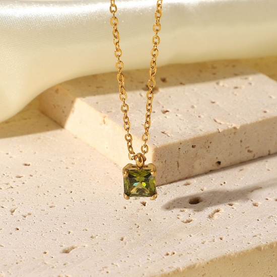 Picture of Eco-friendly Sweet & Cute Birthstone 18K Real Gold Plated Multicolor 304 Stainless Steel & Cubic Zirconia Link Cable Chain Square Pendant Necklace For Women Birthday 44cm(17 3/8") long,