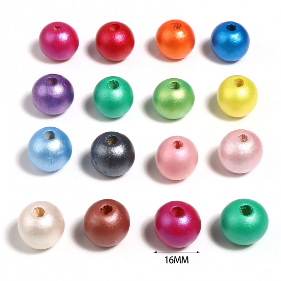 Immagine di Legno di Schima Separatori Perline Tondo Multicolore Pittura Circa: 16mm Dia, Foro: Circa 4.4mm-3.9mm, 50 Pz