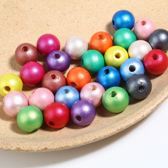 Immagine di Legno di Schima Separatori Perline Tondo Multicolore Pittura Circa: 16mm Dia, Foro: Circa 4.4mm-3.9mm, 50 Pz