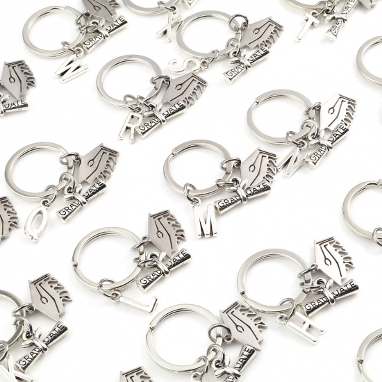 Picture of Stainless Steel College Jewelry Keychain & Keyring Diploma Silver Tone & Antique Silver Color Trencher Cap 4.2cm, 1 Set