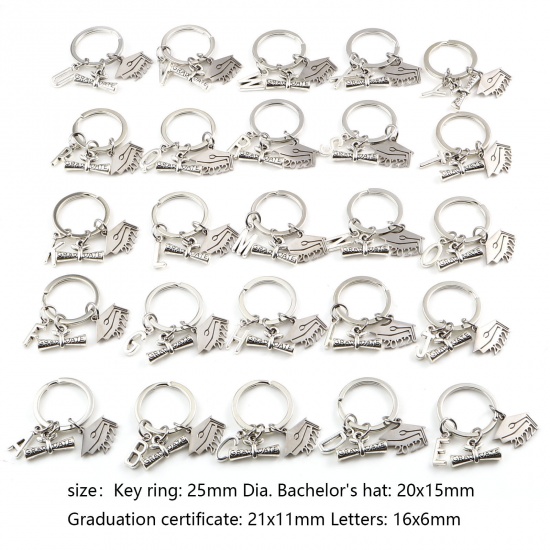 Picture of Stainless Steel College Jewelry Keychain & Keyring Diploma Silver Tone & Antique Silver Color Trencher Cap 4.2cm, 1 Set