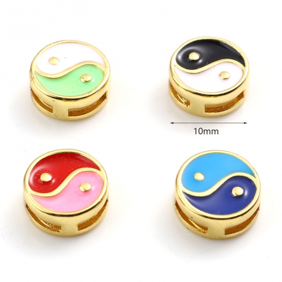 Picture of Brass Religious Spacer Beads Gold Plated Multicolor Flat Round Eight Diagrams Enamel 10mm Dia., Hole: Approx 5mmx1.4mm, 1 Piece                                                                                                                               