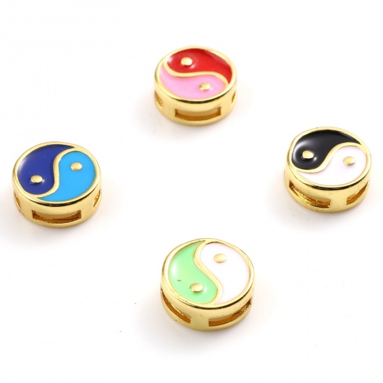 Picture of Brass Religious Spacer Beads Gold Plated Multicolor Flat Round Eight Diagrams Enamel 10mm Dia., Hole: Approx 5mmx1.4mm, 1 Piece                                                                                                                               