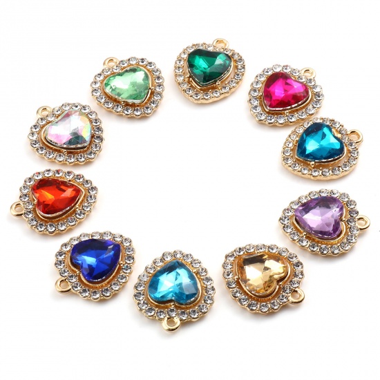 Picture of 10 PCs Zinc Based Alloy Valentine's Day Charms Gold Plated Multicolor Heart Micro Pave Clear Rhinestone 18mm x 15mm