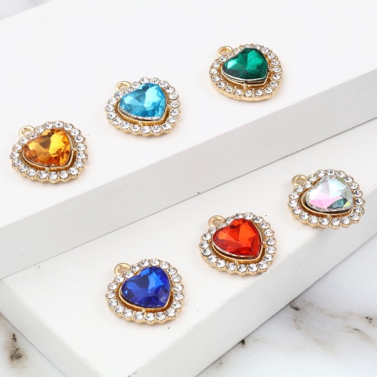 Picture of 10 PCs Zinc Based Alloy Valentine's Day Charms Gold Plated Multicolor Heart Micro Pave Clear Rhinestone 18mm x 15mm