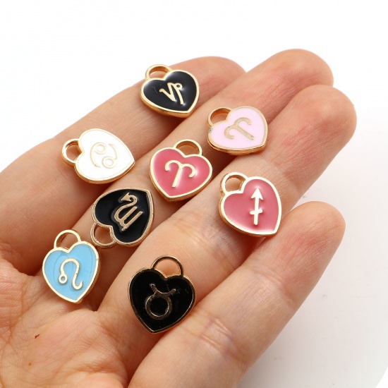 Picture of Zinc Based Alloy Valentine's Day Charms Heart Gold Plated Multicolor Constellation Enamel 14mm x 12mm, 1 Packet ( 12 PCs/Set)