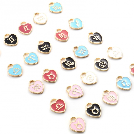 Picture of Zinc Based Alloy Valentine's Day Charms Heart Gold Plated Multicolor Constellation Enamel 14mm x 12mm, 1 Packet ( 12 PCs/Set)