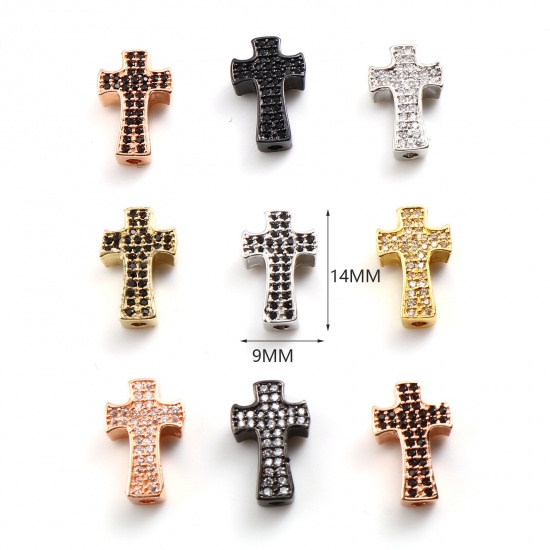 Picture of Brass Religious Spacer Beads Cross Micro Pave Multicolour Cubic Zirconia 14mm x 9mm, Hole: Approx 1.7mm, 2 PCs                                                                                                                                                