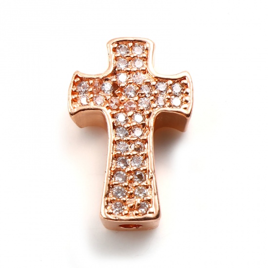 Immagine di Ottone Religione Perline Croce Micro Spianare Multicolore Cubic Zirconiae 14mm x 9mm, Foro:Circa 1.7mm, 2 Pz                                                                                                                                                  
