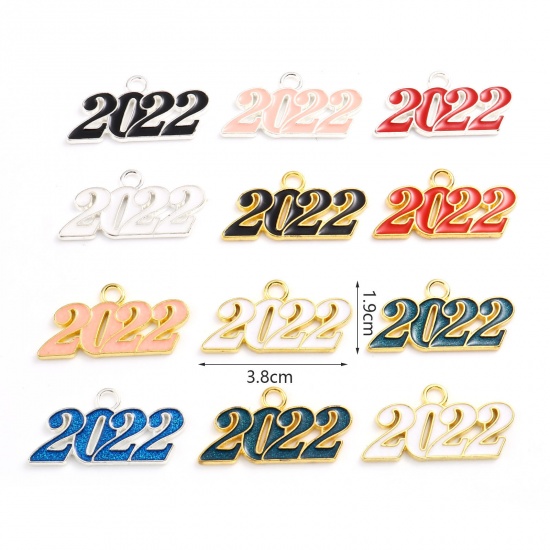 Picture of Zinc Based Alloy Year Pendants Number Multicolor Message " 2022 " Enamel 38mm x 19mm, 5 PCs