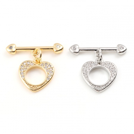 Brass Toggle Clasps Multicolor Heart Micro Pave Clear Rhinestone 20mm x 20mm, 1 Piece